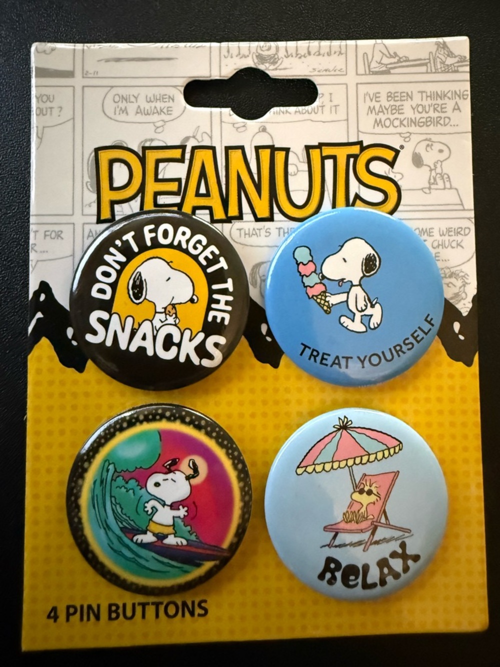 NWT Peanuts Snoopy Black & Light Blue Snack Pin Button 4-Pack - Peanuts